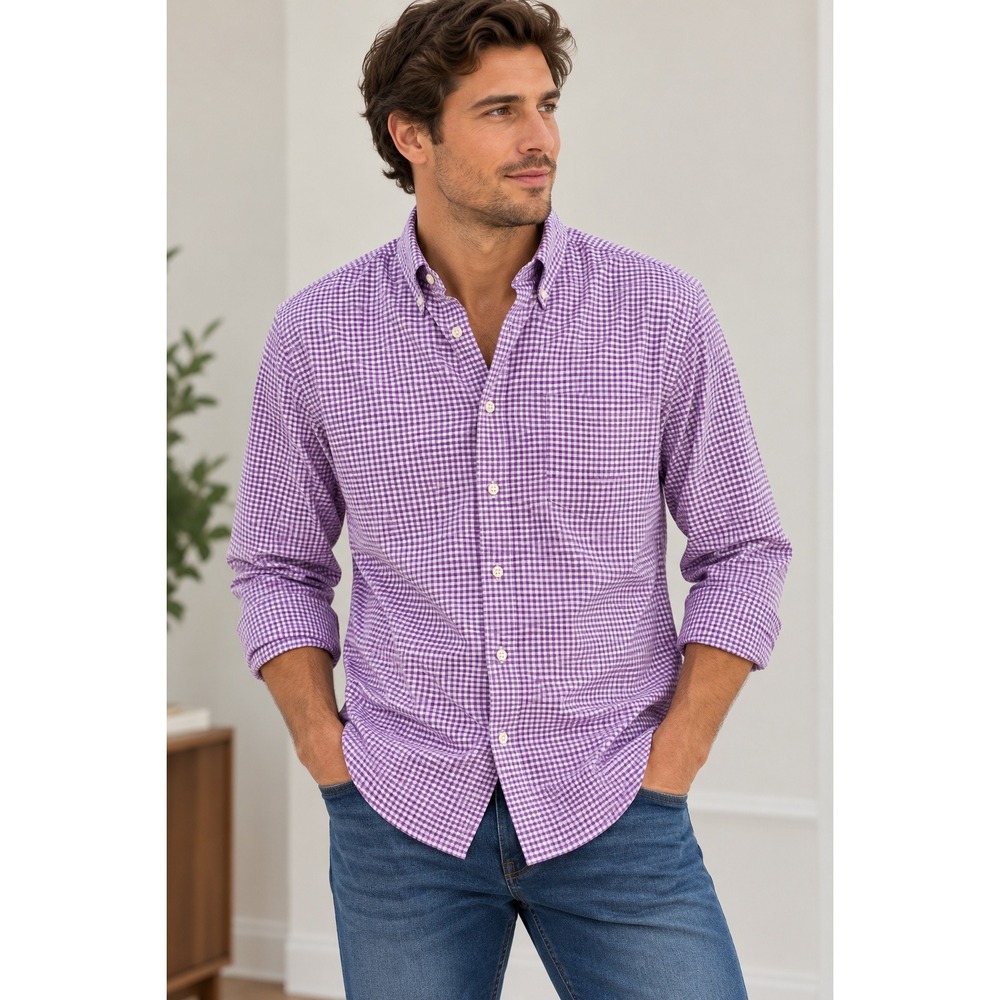 Stafford Travel Wrinkle-Free Oxford Dress Shirt Mens‎ 17 36-37 Purple Gingham